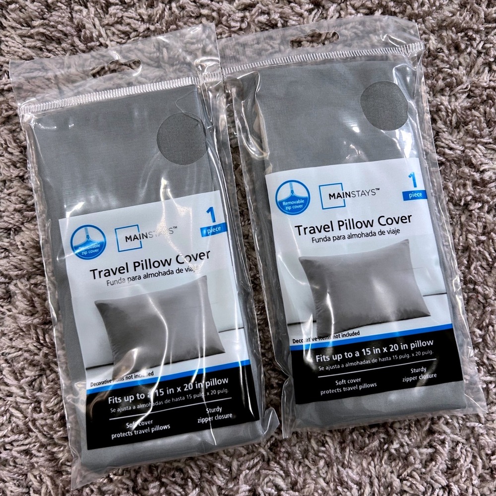 Mainstays Travel Pillow Cover Grey 15x20 Zippered Soft 2 Pack‎ MS8944409622-10